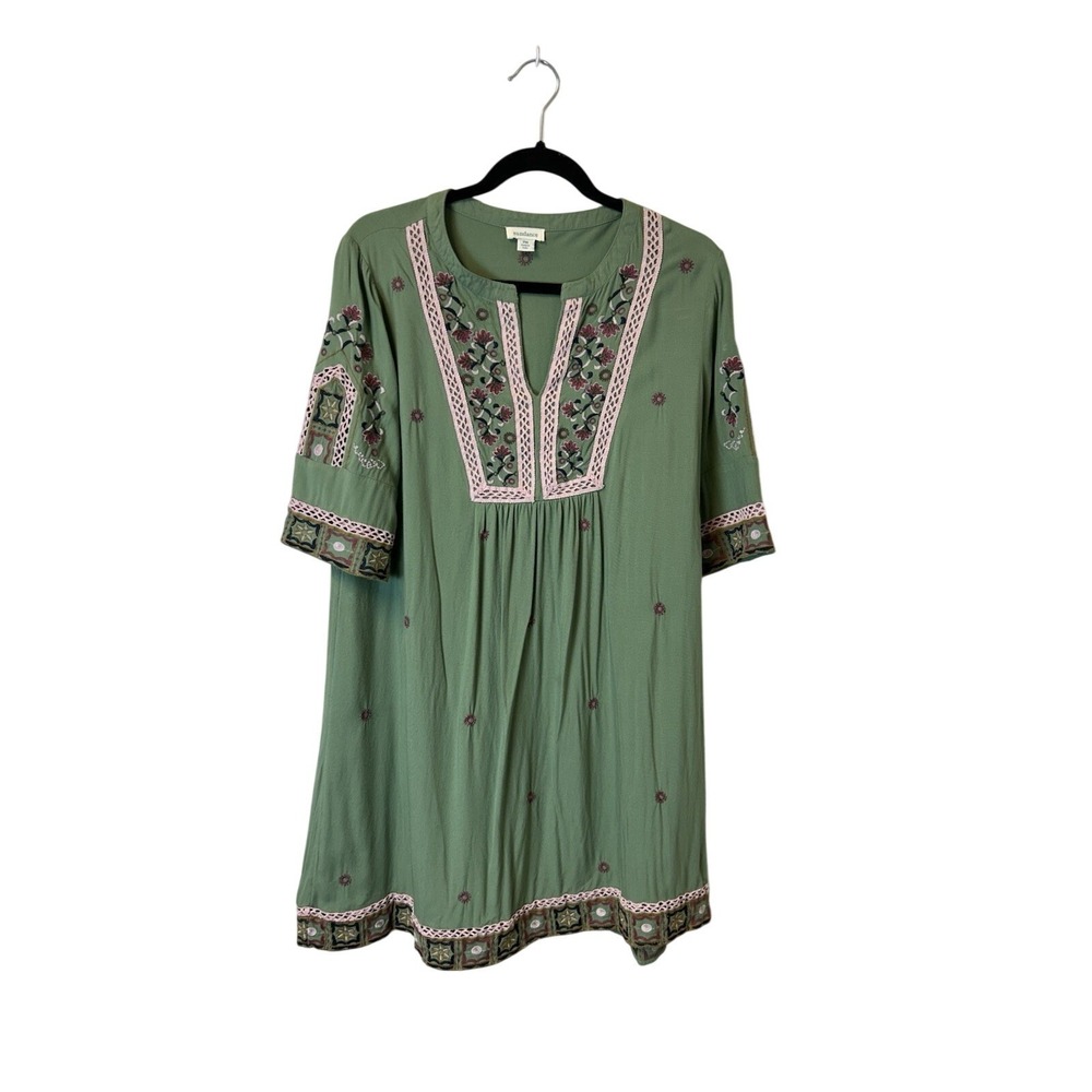 Sundance Embroidered Boho Mini Dress Sage Green Pink Lace Trim Petite Medium